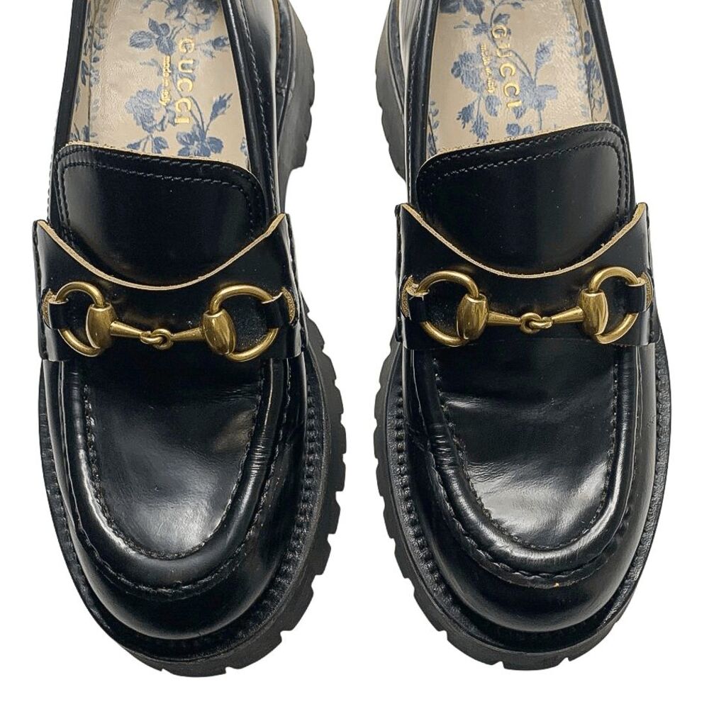 Gucci Black Leather Lug Sole Horsebit Loafers EU 36 Gold Horsebit Bee Embroidery - Picture 4 of 13